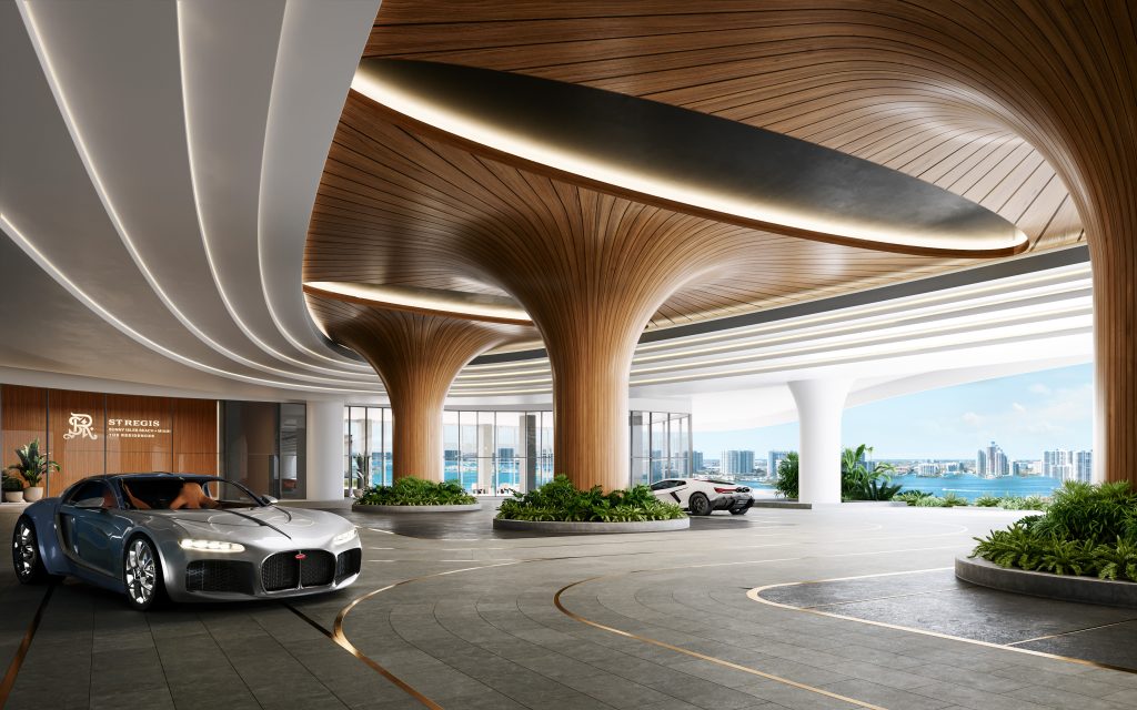 Luxury car in the porte cochere of The St. Regis Residences, Sunny Isles Beach, Miami