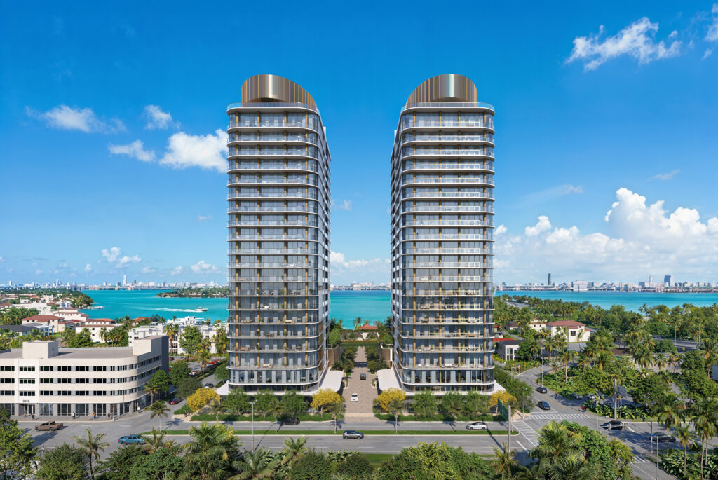 An elegant artist's rendering of the twin Kempinski Residences towers in Miami's Design District, designed by Arquitectonica, featuring textured façades and lush Enea landscaping at their base.