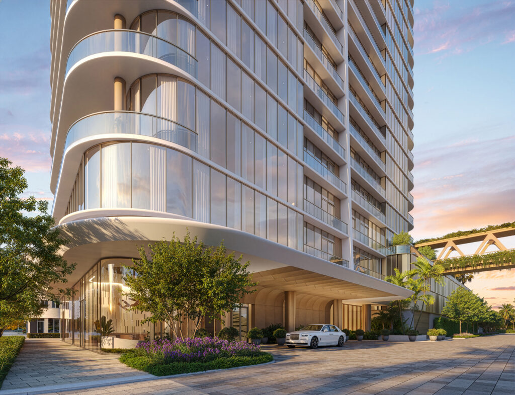The graceful arrival sequence at Kempinski Residences Miami Design District, where the porte-cochère’s sheltering form creates a moment of transition from the vibrant city into a private world of calm.