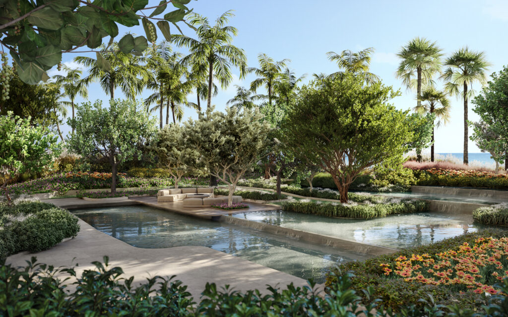 Lush garden with tranquil meditation pool.
