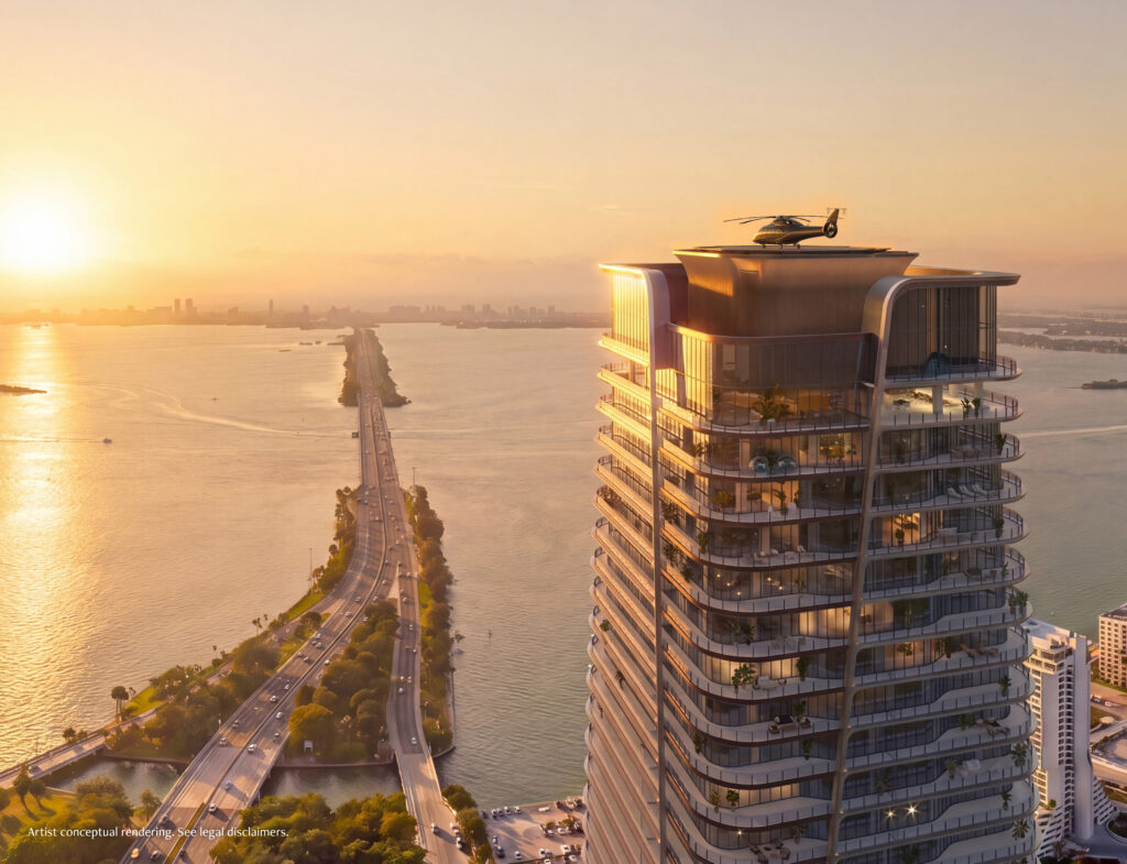 The White Lotus Hotel Brand is Coming to Miami: Anantara Miami Resort & Residences - Luxury building with helipad at sunset.