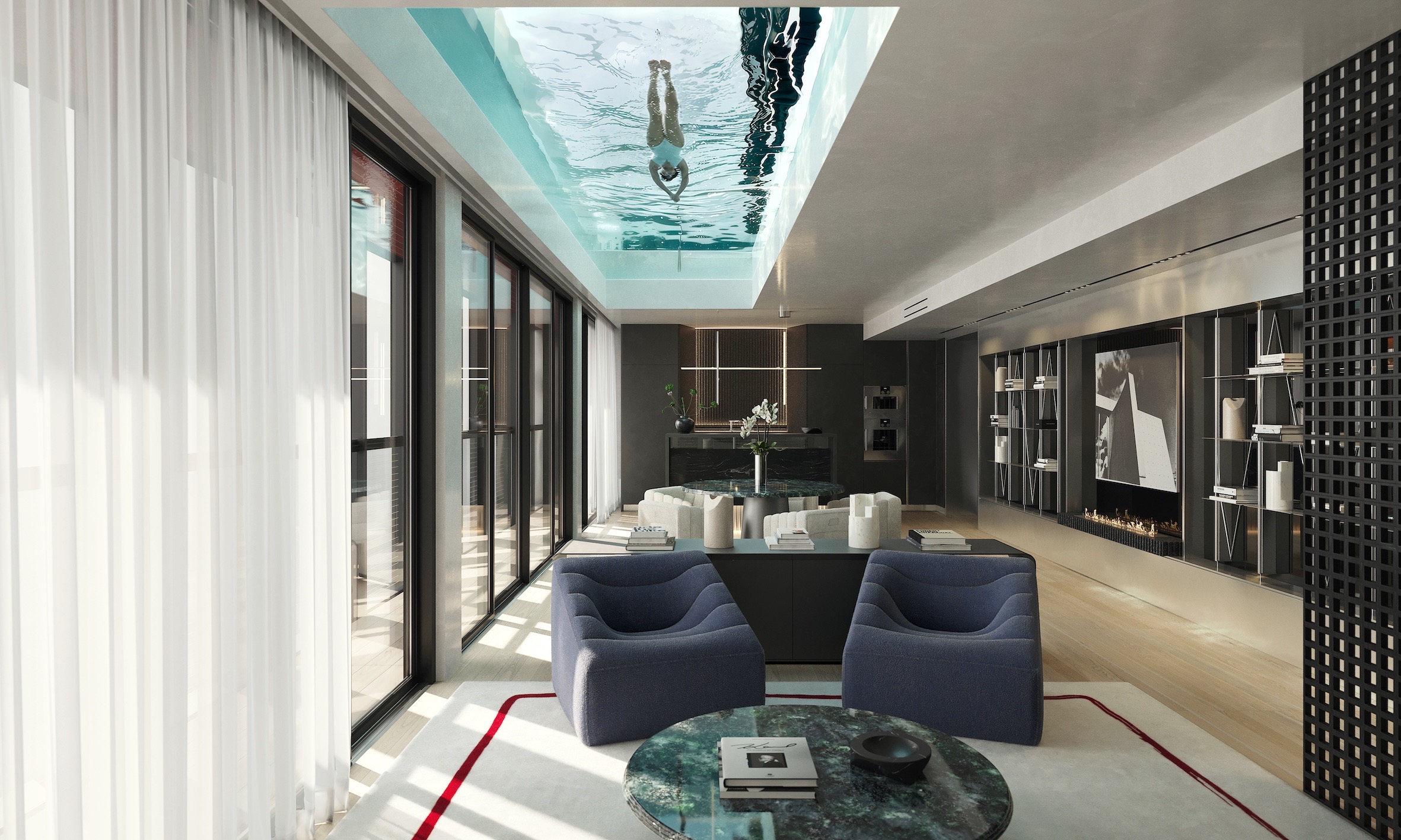 ETRO branded residence interior with glass-bottom pool