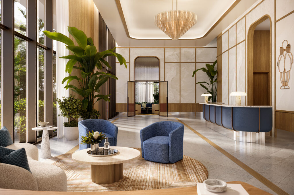 Modern lobby with stylish seating area.