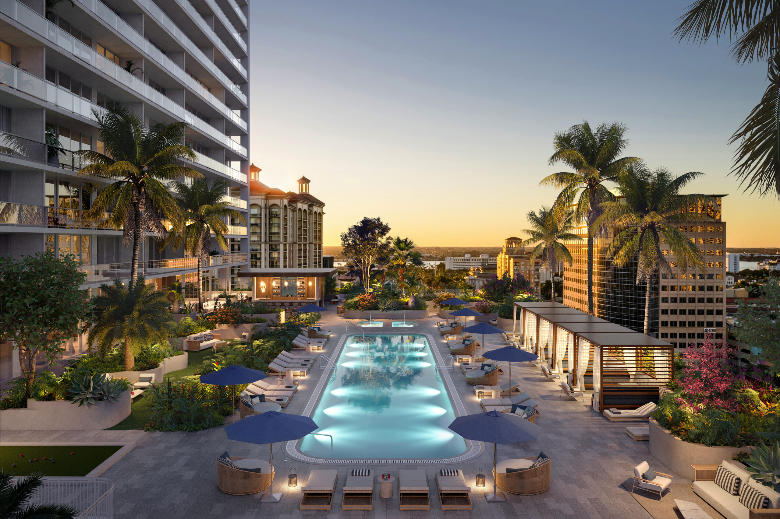 Luxurious poolside with tropical surroundings at Mr. C Hotel & Residences West Palm Beach, Luxury’s New Address: West PalmBeach's Branded Residence Boom