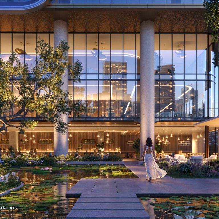 Elegant outdoor space with water features.