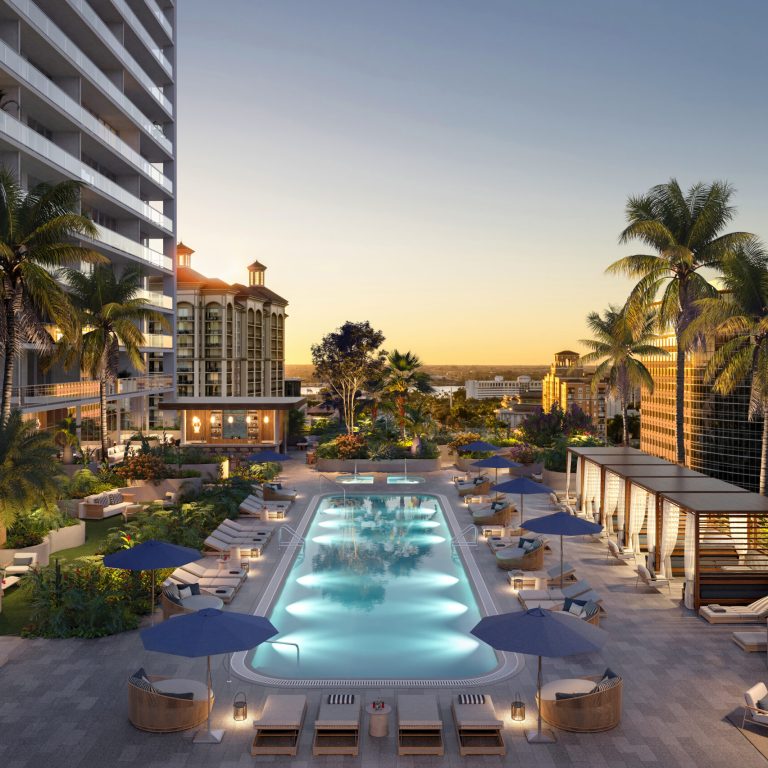 Luxurious poolside with tropical surroundings at Mr. C Hotel & Residences West Palm Beach, Luxury’s New Address: West PalmBeach's Branded Residence Boom